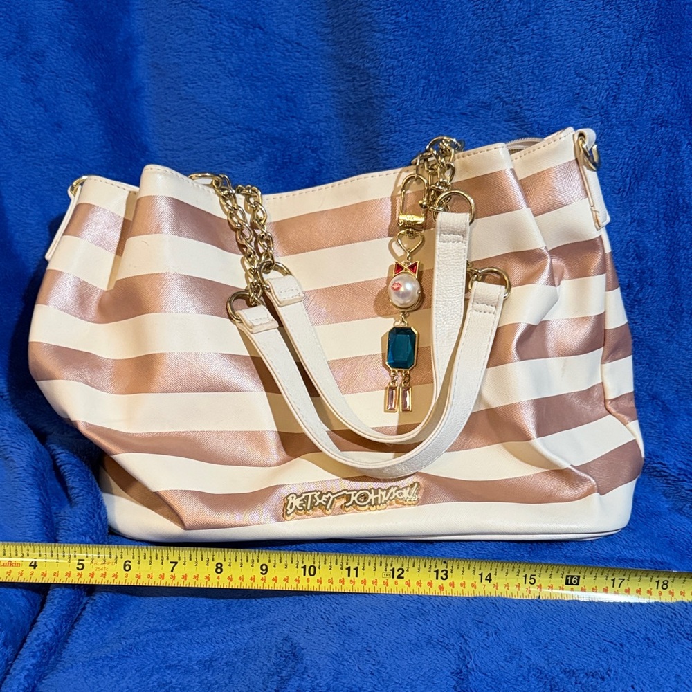 Betsey Johnson Rose Gold and White Striped Shoulder Tote with Charm